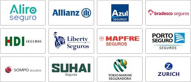 Aliro, Allianz, Azul, Bradesco, HDI, Liberty, Mapfre, Porto, Sompo, Suhai, Tokio, Zurick Aliro, Allianz, Azul, Bradesco, HDI, Liberty, Mapfre, Porto, Sompo, Suhai, Tokio, Zurick